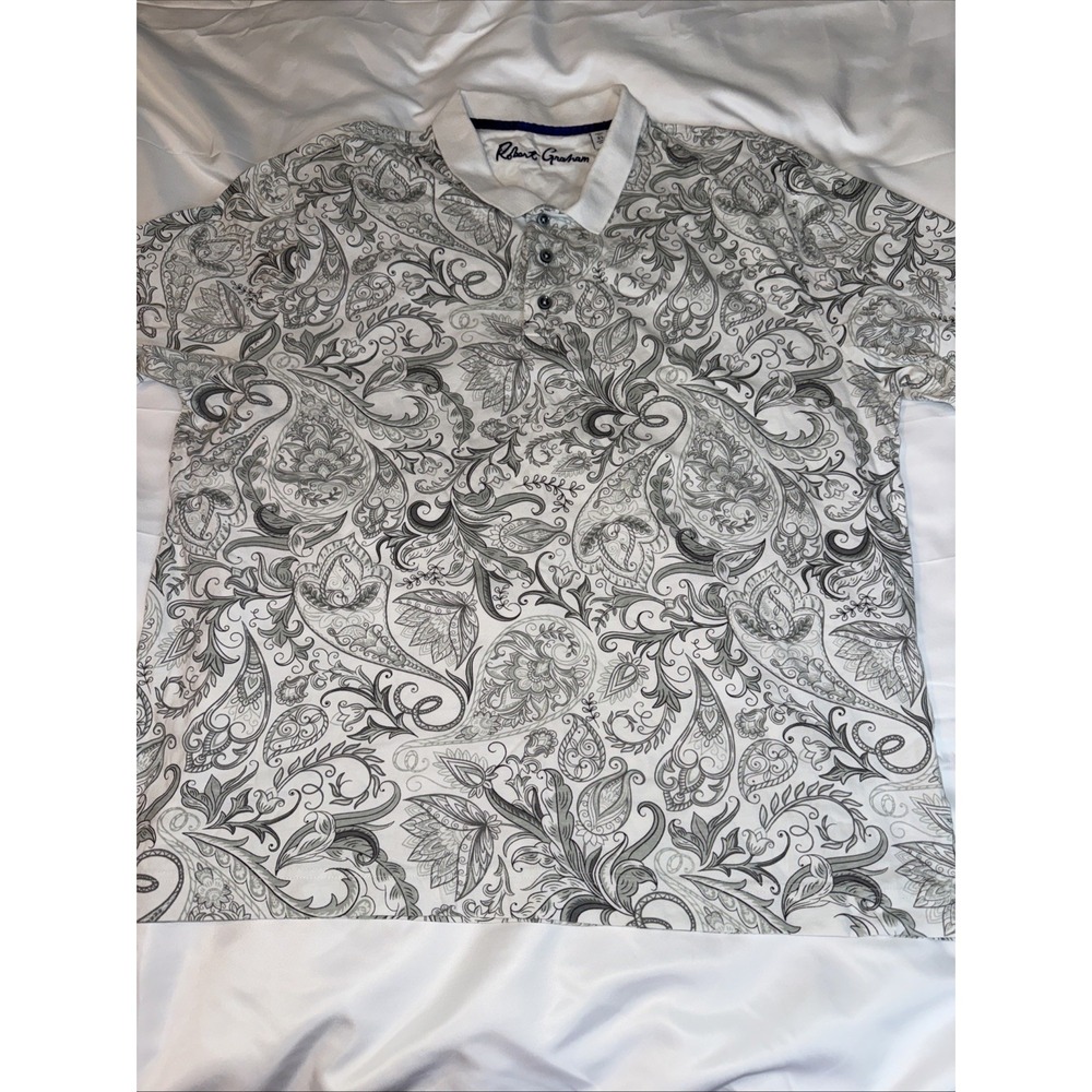 Robert Graham Short Sleeve Polo Shirt White/Gray Print Men's Size XL EUC